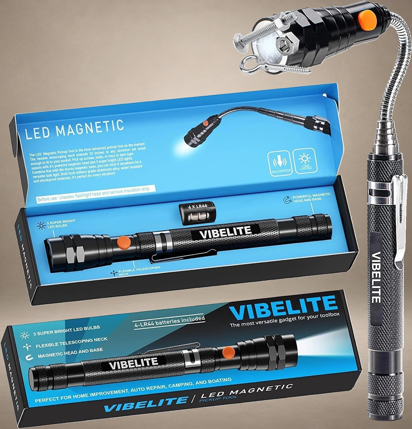 VIBELITE Extendable Magnetic Pickup Tool with Flashlight