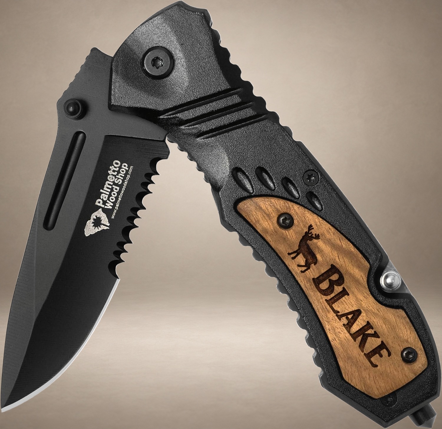 Engraved Wooden Handle Pocket Knife with Wood Box