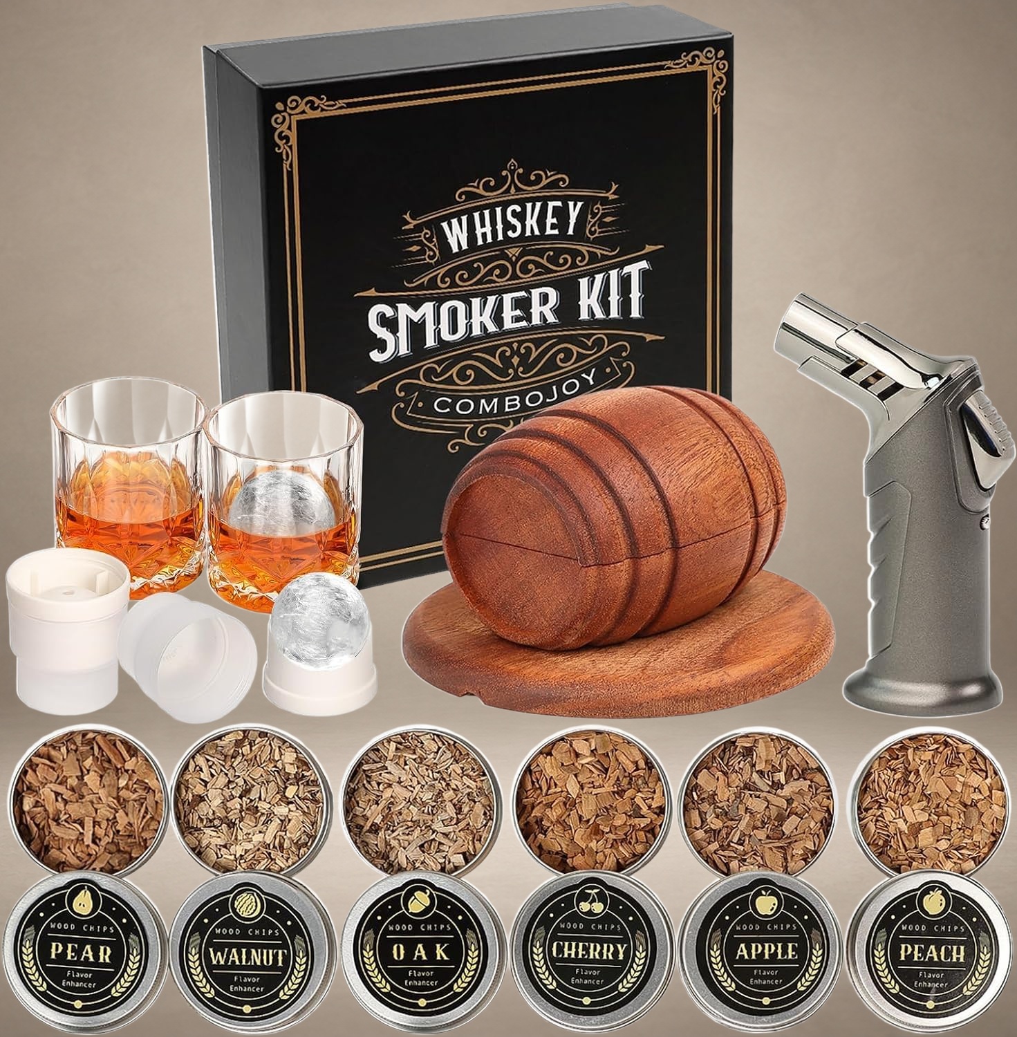Whiskey Smoker Kit with Torch, 2 Glasses & Ice Ball Molds