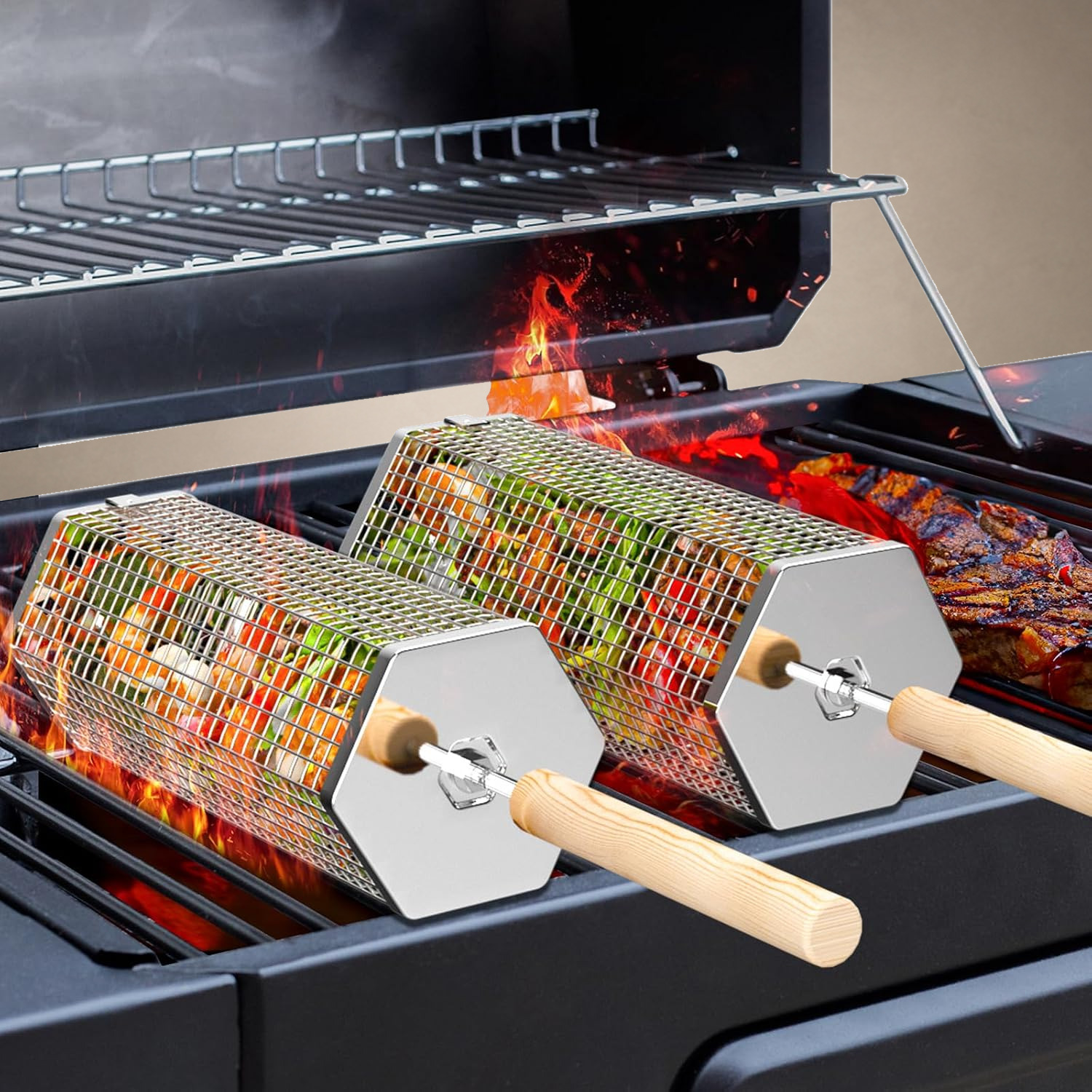 Ivtivfu Rolling Grill Basket Set (2-Pack)